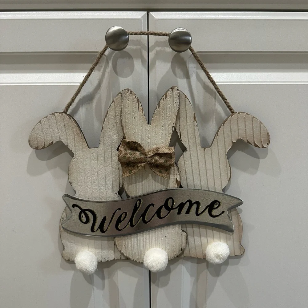 Hanging Rabbit Welcome Sign, Bunny Easter Decor, Spring - Picture 2 of 5